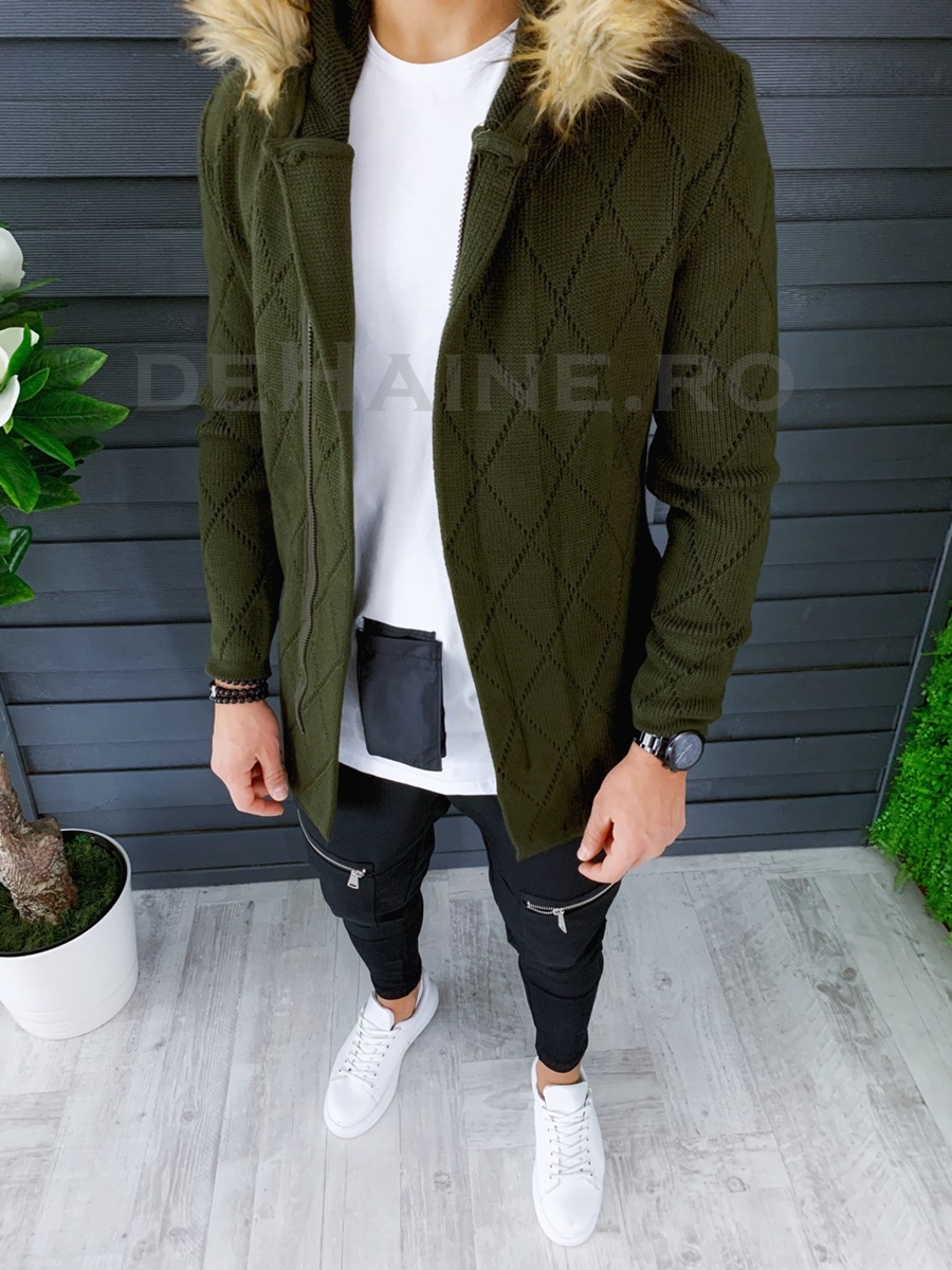 Cardigan barbati kaki cu gluga slim fit zr t3524 5-5